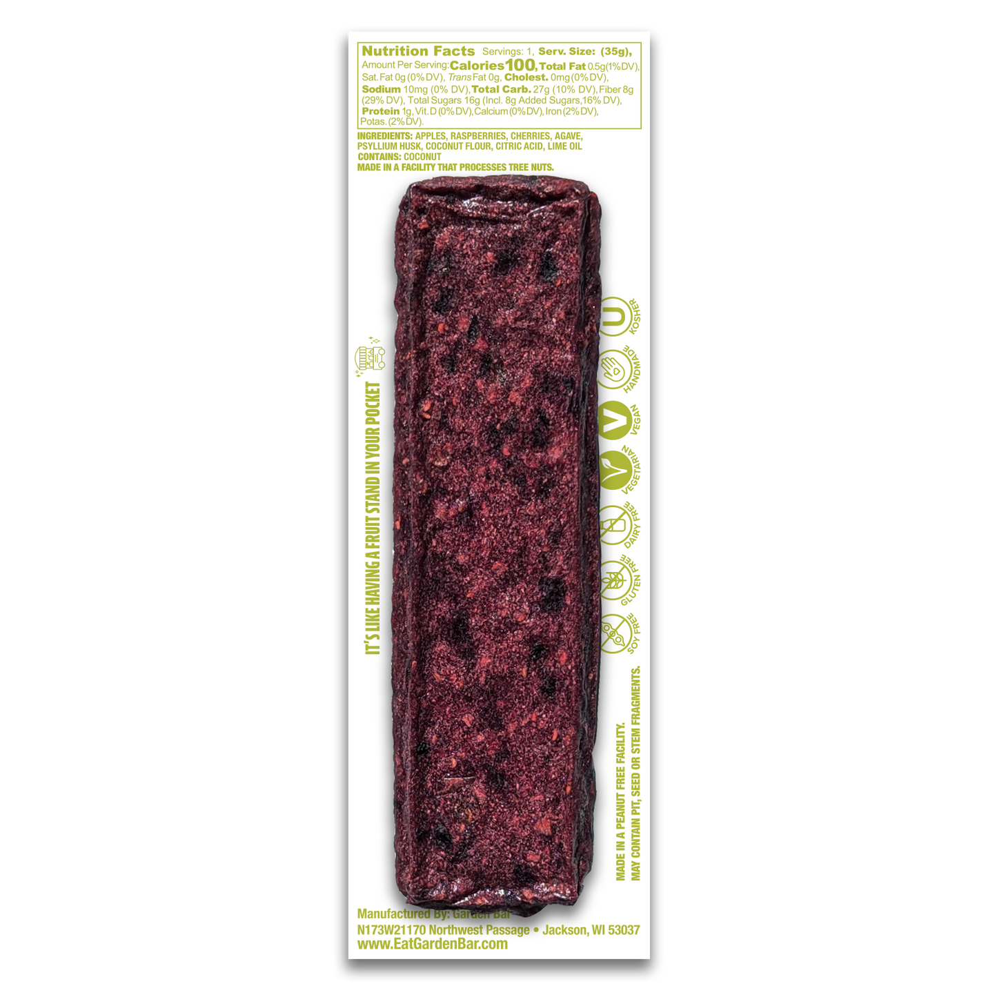 Earth Ranch Garden Bar Raspberry Cherry Lime Bar Dehydrated Fruit Snack
