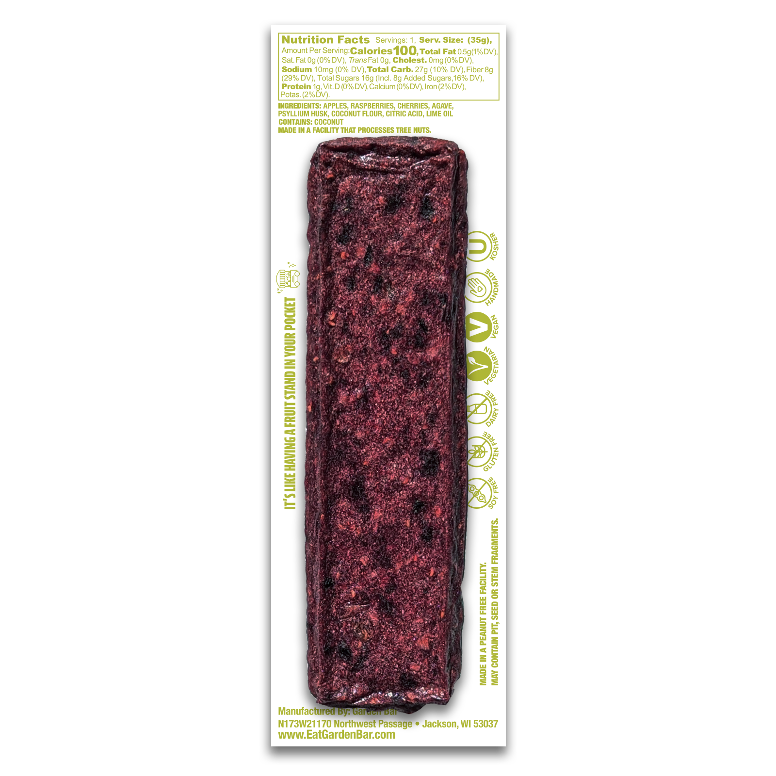Earth Ranch Garden Bar Raspberry Cherry Lime Bar Dehydrated Fruit Snack
