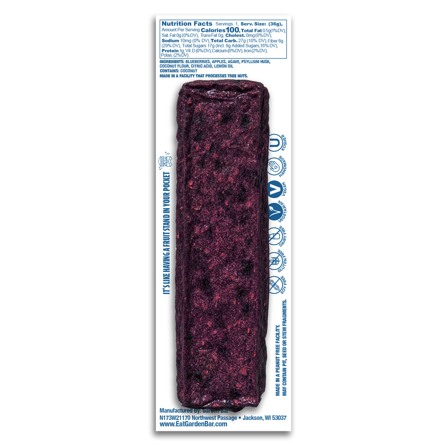 Earth Ranch Garden Bar Blueberry Lemon Fruit Bar Dehydrated Fruit Snack