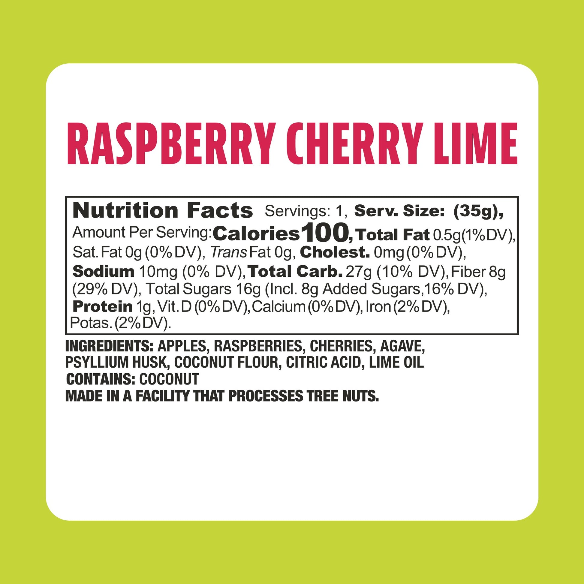 Earth Ranch Garden Bar Raspberry Cherry Lime Bar Dehydrated Fruit Snack Nutritional Panel